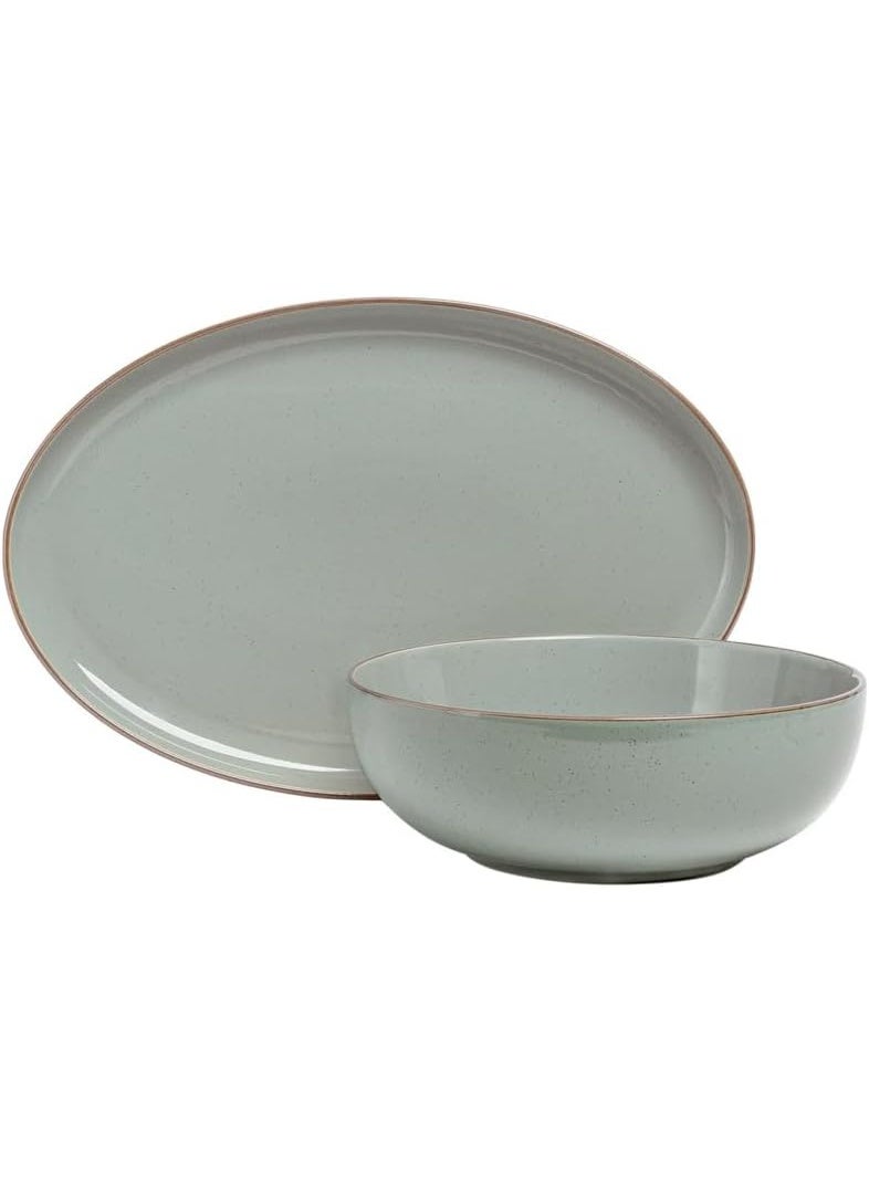 over&back Options Stoneware 2 Piece Serving Set, Durable Everyday Serveware, 1 x Serving Bowl - 25.7 cm / 2.89 L & 1 x Serving Platter - 40.8 x 27.3 cm - Sage Green - Image 2